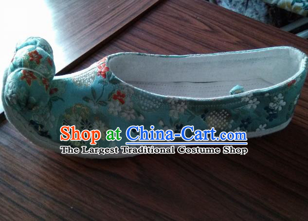 Chinese Traditional Blue Brocade Bow Shoes Opera Shoes Hanfu Shoes Ancient Princess Shoes for Women