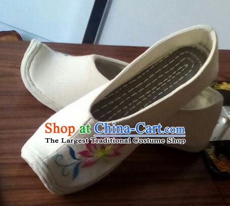 Chinese Traditional Handmade Embroidered Lotus White Shoes Opera Shoes Hanfu Shoes Ancient Princess Shoes for Women