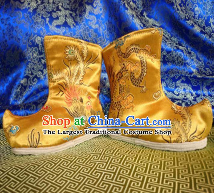 Chinese Emperor Shoes Handmade Golden Brocade Boots Traditional Hanfu Shoes Opera Shoes for Kids