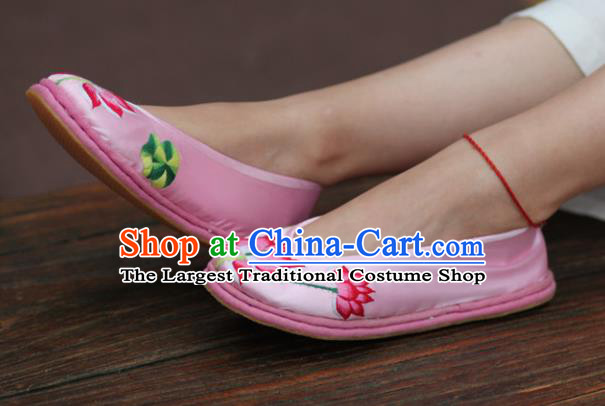 Chinese Handmade Shoes Traditional National Embroidered Lotus Pink Shoes Hanfu Shoes for Women