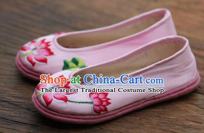 Chinese Handmade Shoes Traditional National Embroidered Lotus Pink Shoes Hanfu Shoes for Women
