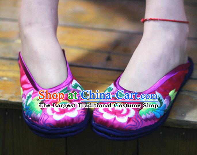 Chinese Traditional National Embroidered Mandarin Duck Peony Rosy Slippers Hanfu Shoes for Women