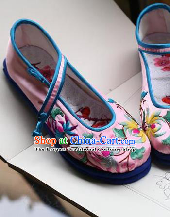 Chinese Handmade Shoes Traditional National Embroidered Chrysanthemum Pink Shoes Hanfu Shoes for Women