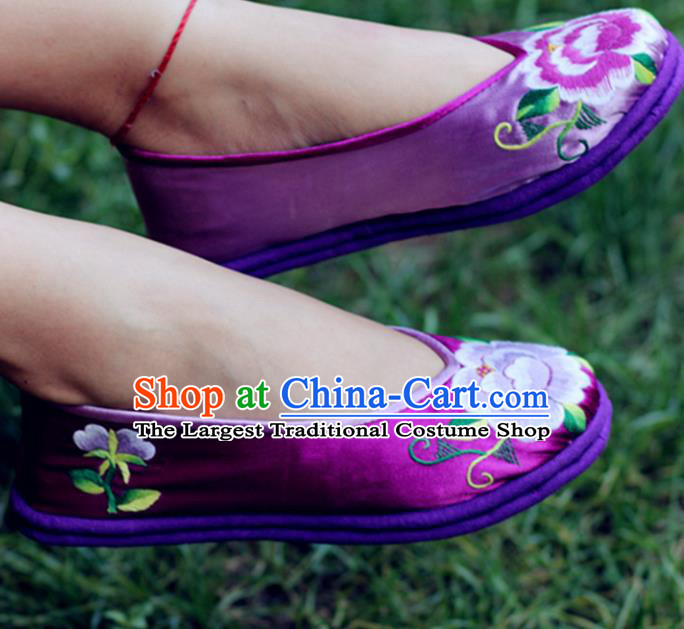 Chinese Traditional National Embroidered Peony Purple Shoes Hanfu Shoes for Women