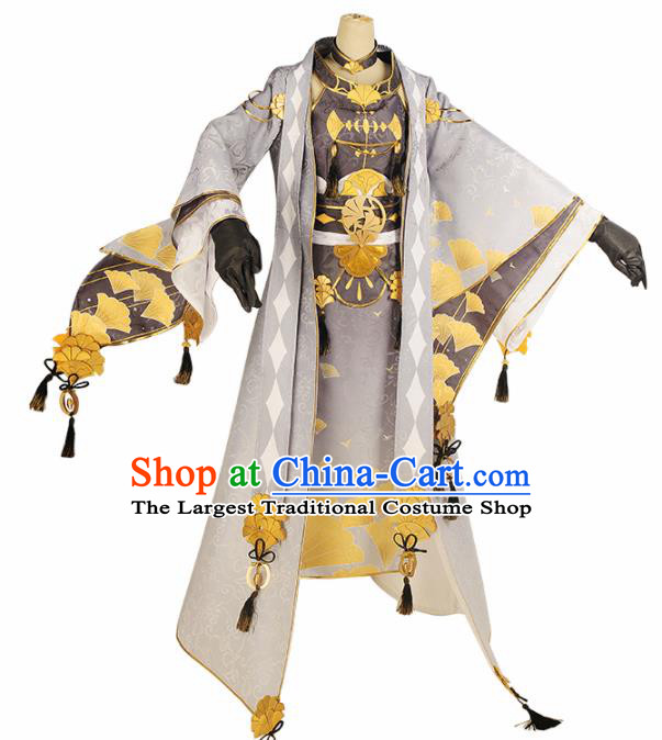 Chinese Cosplay Swordsman Printing Ginkgo Hanfu Clothing Traditional Ancient Prince Costume for Men