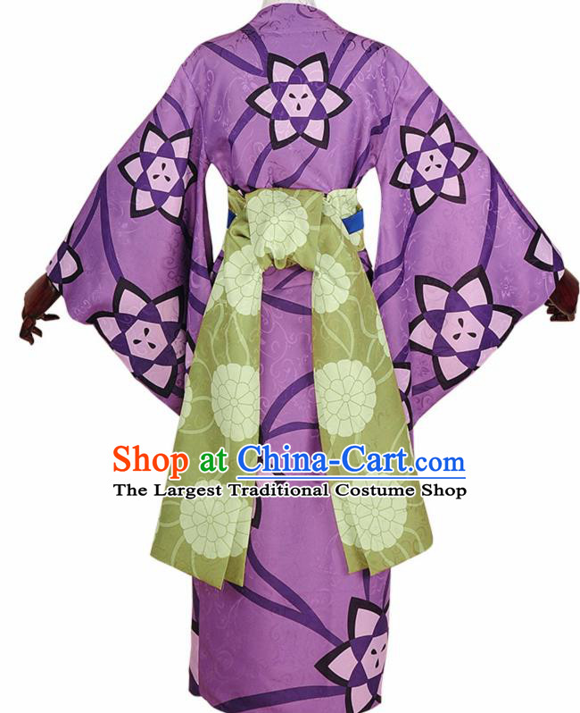 Japanese Cosplay Geisha Purple Kimono Dress Traditional Ancient Courtesan Costume for Women