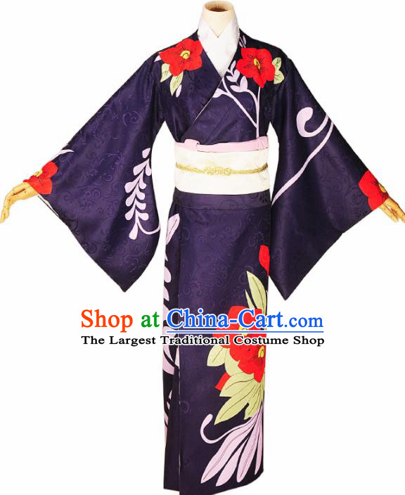 Japanese Cosplay Geisha Deep Blue Kimono Dress Traditional Ancient Courtesan Costume for Women