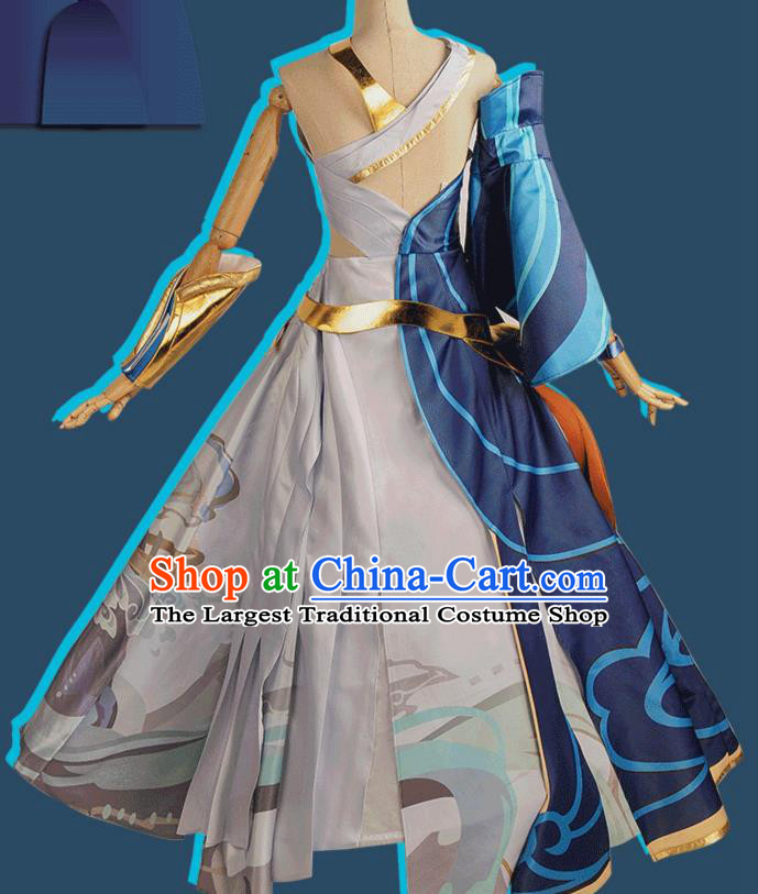 Chinese Cosplay Game Swordswoman Blue Dress Traditional Ancient Female Knight Costume for Women