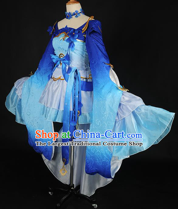 Chinese Cosplay Game Fairy Deep Blue Dress Traditional Ancient Swordsman Costume for Women