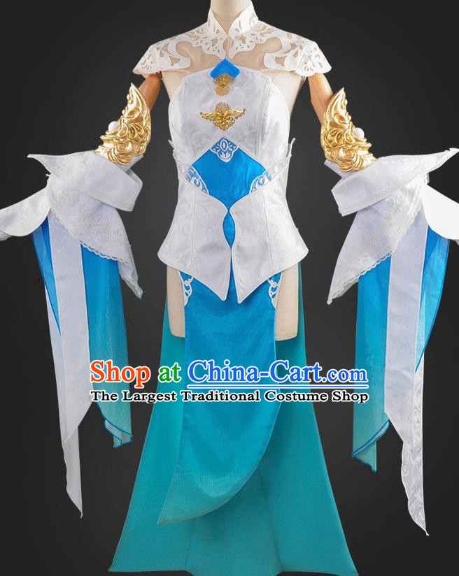 Chinese Cosplay Game Fairy Princess Blue Dress Traditional Ancient Female Swordsman Costume for Women