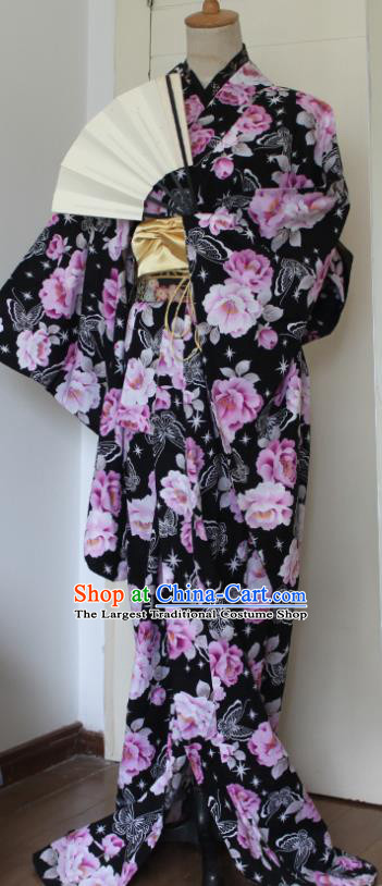 Japanese Cosplay Geisha Black Kimono Yukata Dress Traditional Ancient Courtesan Costume for Women