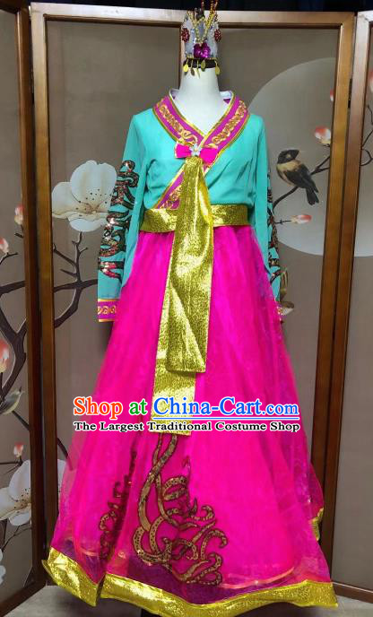 Chinese Korean Ethnic Stage Show Costumes Traditional Nationality Folk Dance Rosy Dress for Women