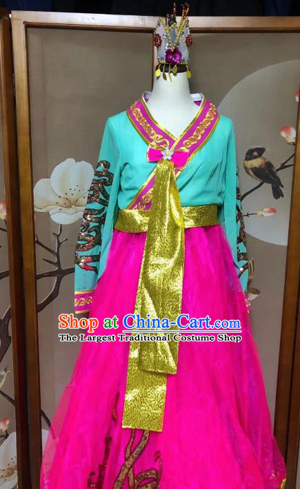 Chinese Korean Ethnic Stage Show Costumes Traditional Nationality Folk Dance Rosy Dress for Women