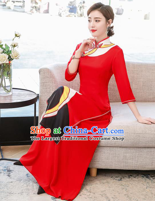 Vietnamese Traditional Printing Costume Asian Vietnam Red Ao Dai Dress for Women