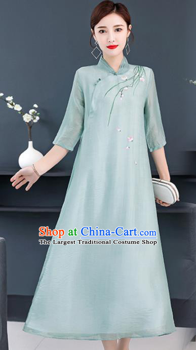 Chinese Traditional Compere Embroidered Orchid Green Cheongsam Costume China National Qipao Dress for Women