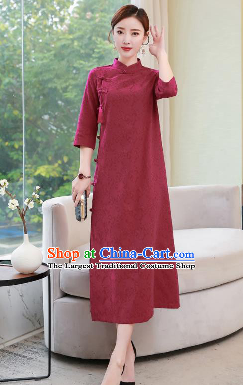Chinese Traditional Compere Wine Red Cotton Cheongsam Costume China National Qipao Dress for Women