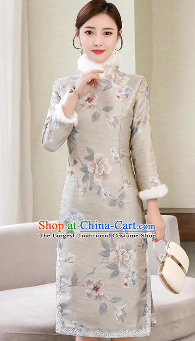 Chinese Traditional Compere Winter Light Grey Cheongsam Costume China National Qipao Dress for Women