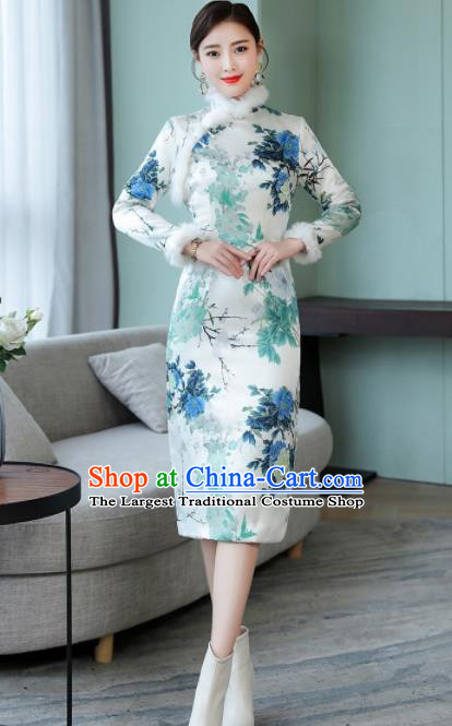 Chinese Traditional Winter Printing Peony White Cheongsam Costume China National Qipao Dress for Women