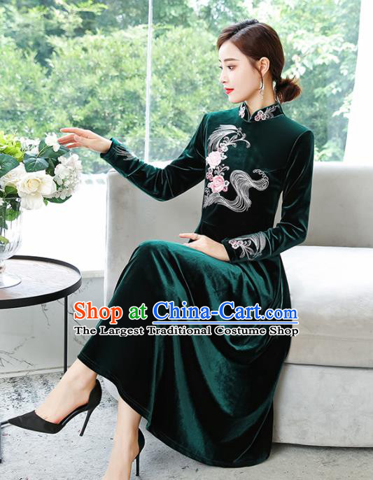 Chinese Traditional Embroidered Deep Green Velvet Cheongsam Costume China National Qipao Dress for Women