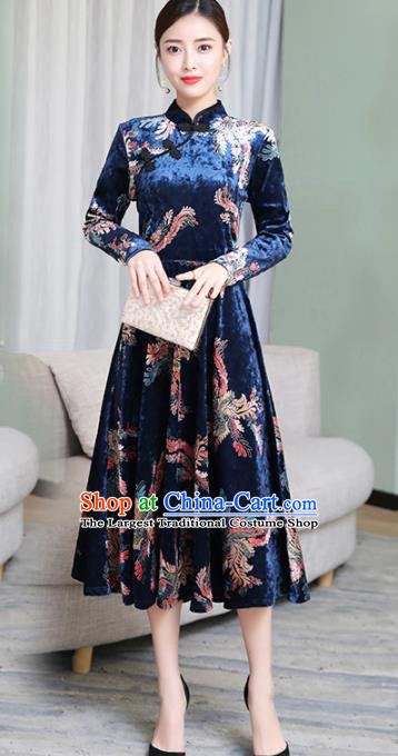 Chinese Traditional Printing Deep Blue Velvet Mother Cheongsam Costume China National Qipao Dress for Women