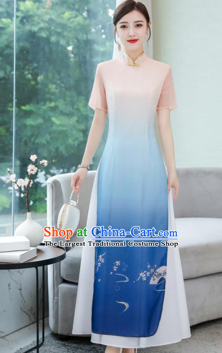 Chinese Traditional Compere Printing Blue Cheongsam Costume China National Qipao Dress for Women