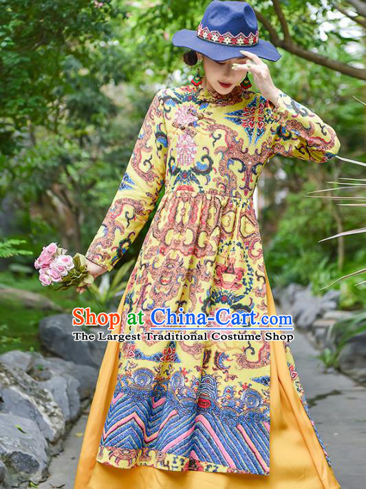 Chinese Traditional Printing Yellow Cheongsam Costume China National Qipao Dress for Women