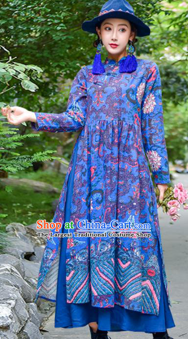 Chinese Traditional Printing Royalblue Cheongsam Costume China National Qipao Dress for Women