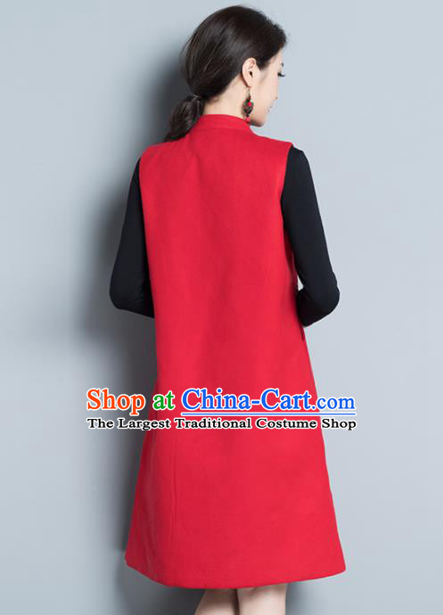Chinese Traditional Embroidered Red Wool Cheongsam Vest Costume China National Qipao Dress for Women