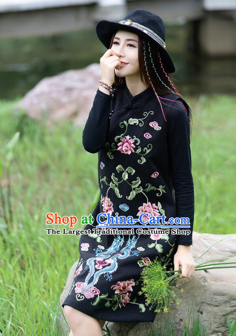 Chinese Traditional Embroidered Black Wool Cheongsam Vest Costume China National Qipao Dress for Women