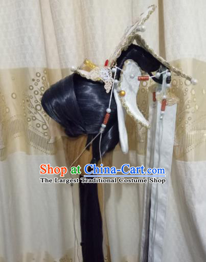 Custom Chinese Cosplay Crown Prince Swordsman Black Wigs Ancient Taoist Hair Chignon and Accessories for Men