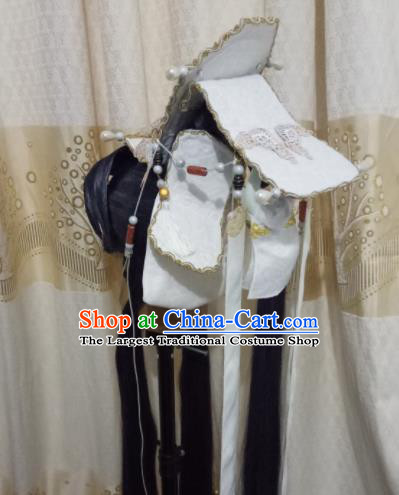Custom Chinese Cosplay Crown Prince Swordsman Black Wigs Ancient Taoist Hair Chignon and Accessories for Men