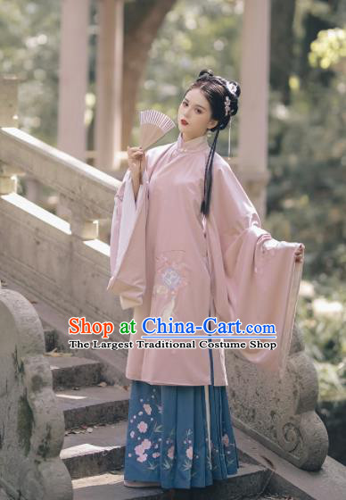 Chinese Ancient Rich Lady Embroidered Pink Gown and Skirt Traditional Ming Dynasty Court Costumes for Women