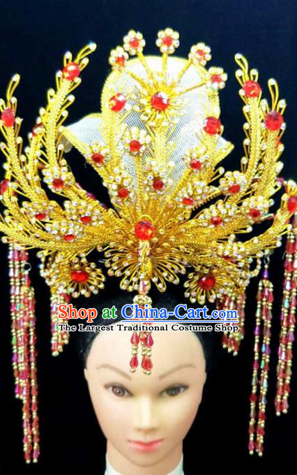 Chinese Traditional Peking Opera Queen Golden Phoenix Coronet Hairpins Handmade Beijing Opera Diva Hair Accessories for Women