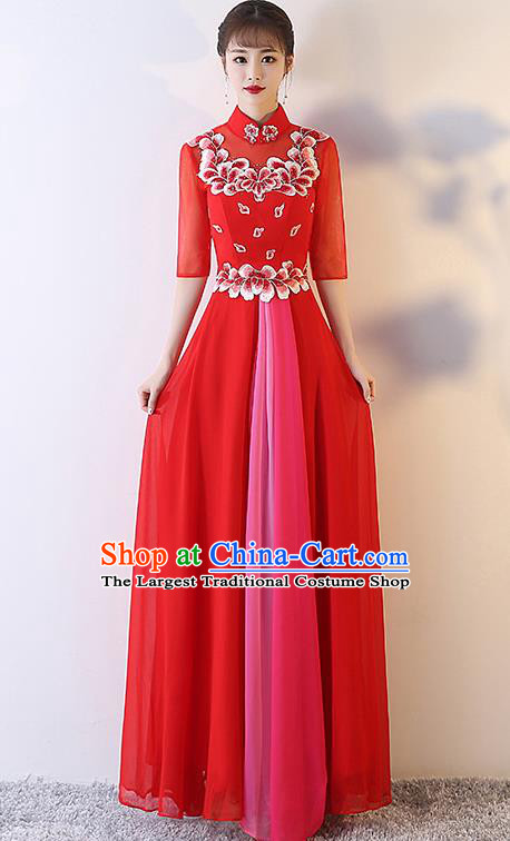 Top Grade Compere Embroidered Red Full Dress Annual Gala Stage Show Chorus Costume for Women