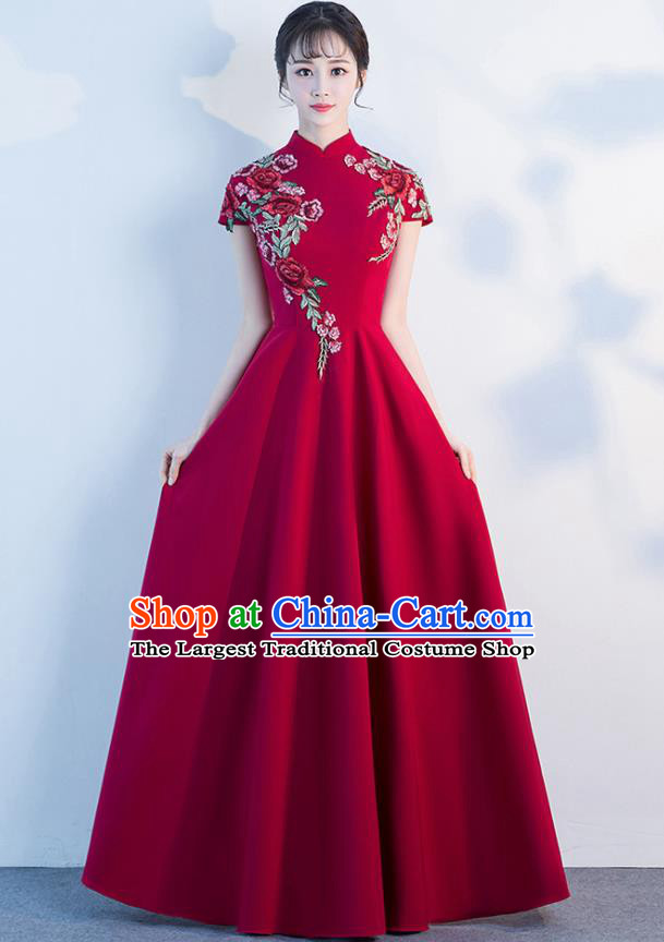 Top Grade Compere Embroidered Roses Wine Red Full Dress Annual Gala Stage Show Chorus Costume for Women