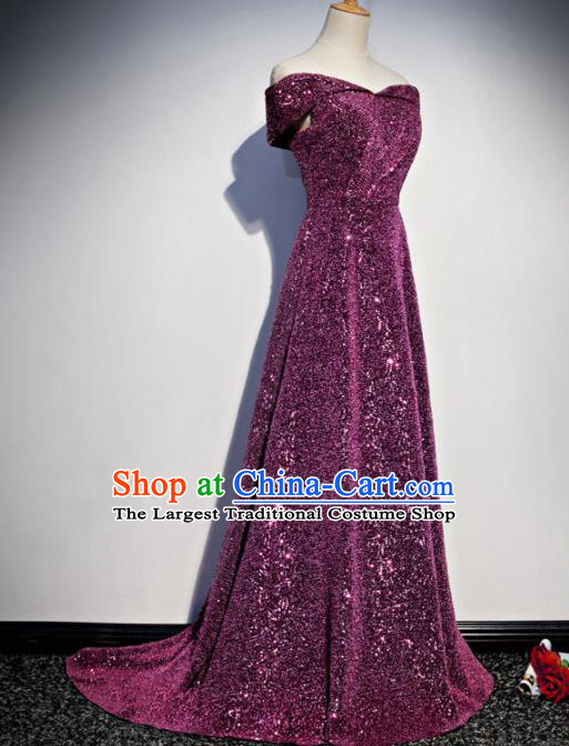 Top Grade Compere Purple Sequins Full Dress Annual Gala Stage Show Chorus Costume for Women