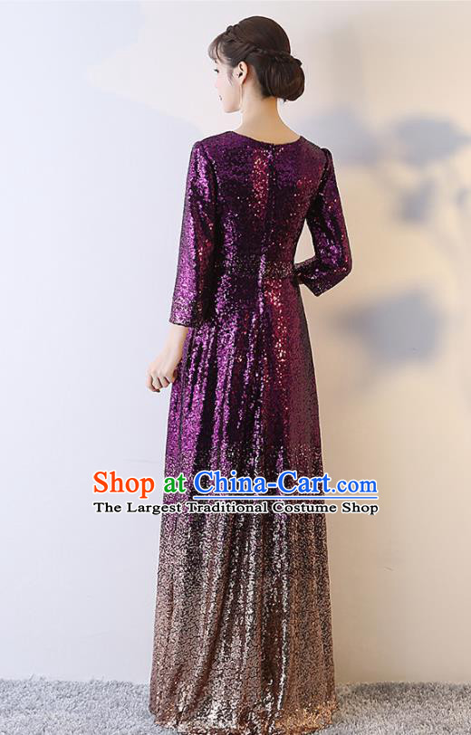 Top Grade Compere Deep Purple Sequins Full Dress Annual Gala Stage Show Chorus Costume for Women