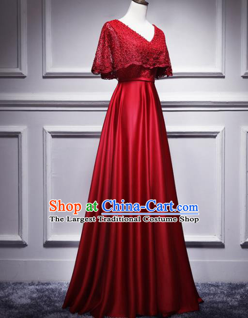 Top Grade Compere Red Lace Satin Full Dress Annual Gala Stage Show Chorus Costume for Women