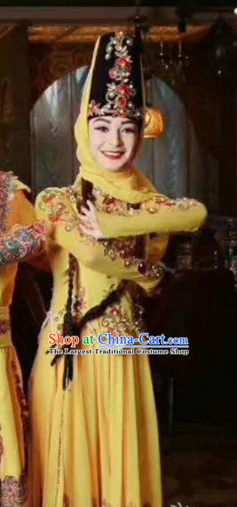Chinese Traditional Uyghur Nationality Dance Yellow Dress Xinjiang Ethnic Stage Show Costume for Women