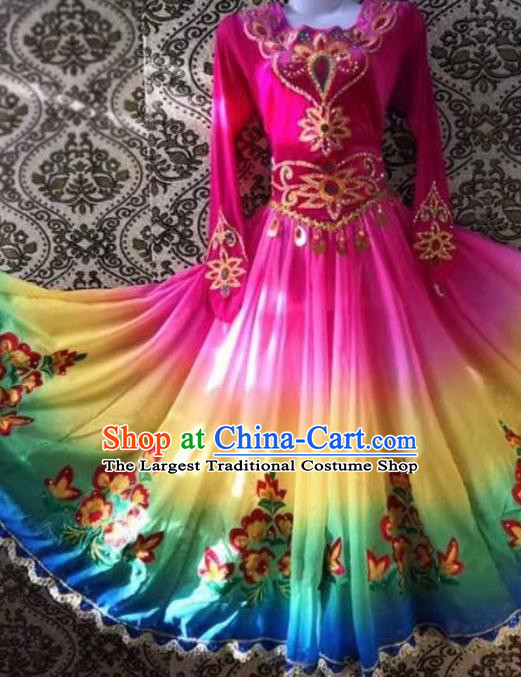 Chinese Traditional Uyghur Nationality Folk Dance Rosy Dress Xinjiang Ethnic Stage Show Costume for Women