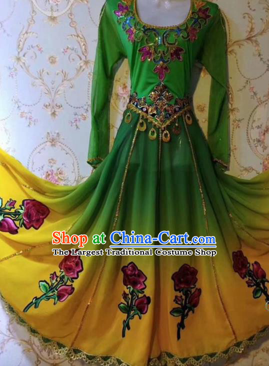 Chinese Traditional Uyghur Nationality Folk Dance Green Dress Xinjiang Ethnic Stage Show Costume for Women