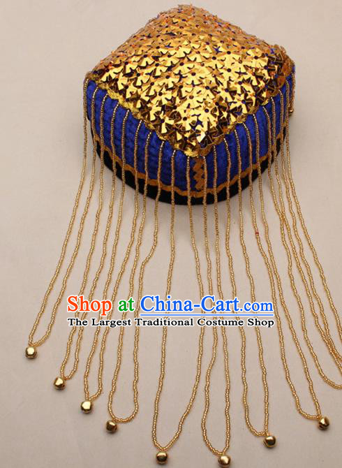 Chinese Traditional Uyghur Nationality Golden Sequins Tassel Blue Hat Ethnic Folk Dance Stage Show Headwear for Women