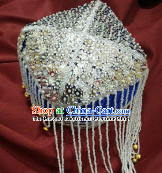 Chinese Traditional Uyghur Nationality Argent Sequins Tassel Blue Hat Ethnic Folk Dance Stage Show Headwear for Women