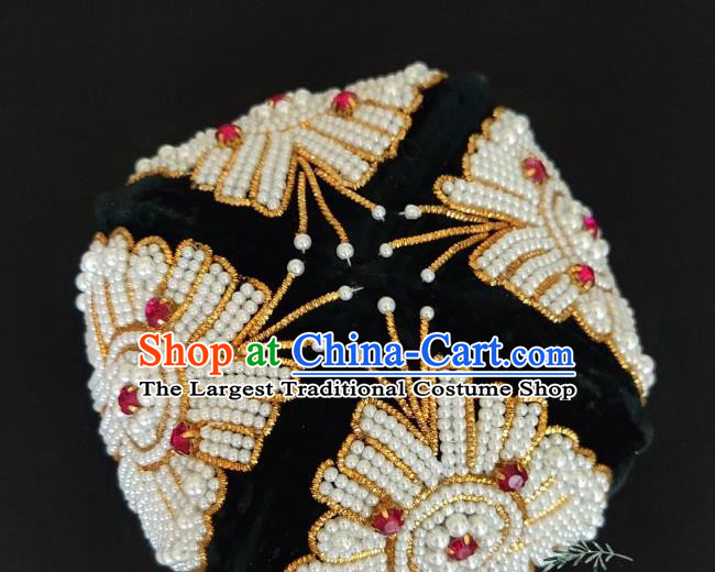 Chinese Traditional Uyghur Nationality Embroidered Beads Black Hat Ethnic Folk Dance Stage Show Headwear for Women