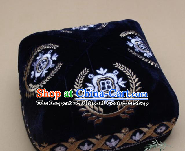 Chinese Traditional Uyghur Nationality Folk Dance Embroidered Navy Velvet Hat Ethnic Xinjiang Stage Show Headwear for Men