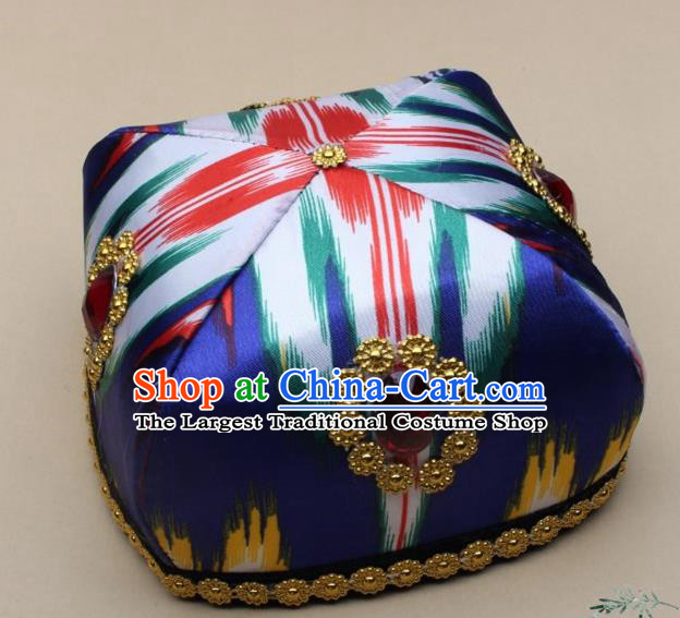 Chinese Traditional Uyghur Nationality Girls Royalblue Ribbon Hat Ethnic Folk Dance Stage Show Headwear for Kids