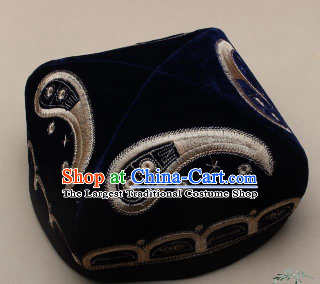 Chinese Traditional Uyghur Nationality Embroidered Navy Velvet Hat Ethnic Xinjiang Folk Dance Stage Show Headwear for Men
