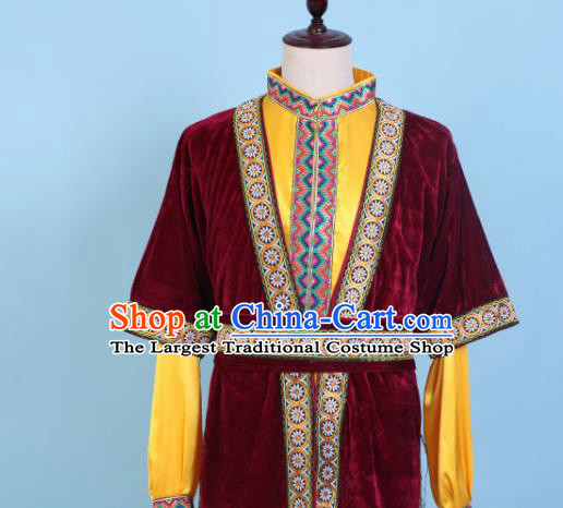 Chinese Traditional Kazak Nationality Embroidered Wine Red Clothing Xinjiang Ethnic Folk Dance Costume for Men