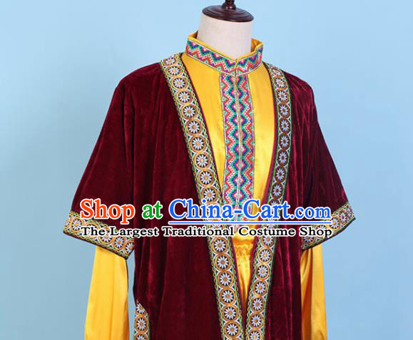 Chinese Traditional Kazak Nationality Embroidered Wine Red Clothing Xinjiang Ethnic Folk Dance Costume for Men