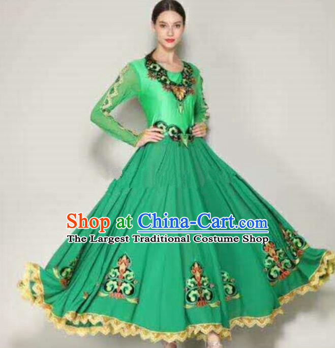Traditional Chinese Xinjiang Uyghur Nationality Folk Dance Green Dress Ethnic Stage Show Costume for Women